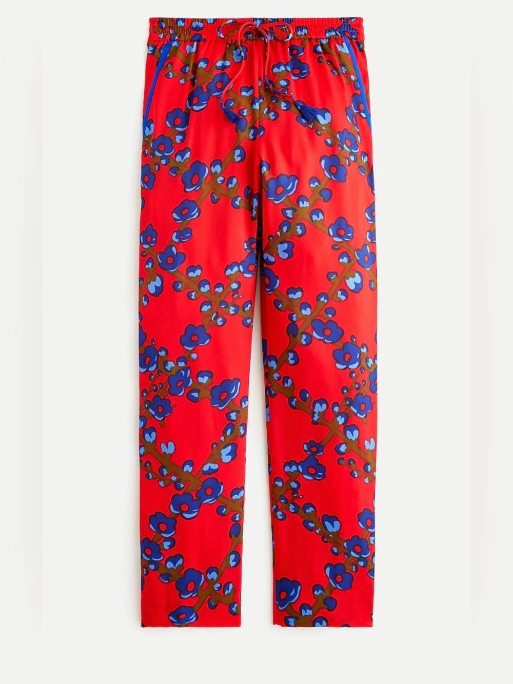 J Crew Drapey Pull-On Crop Pants Lattice Floral Red Blue Tassels